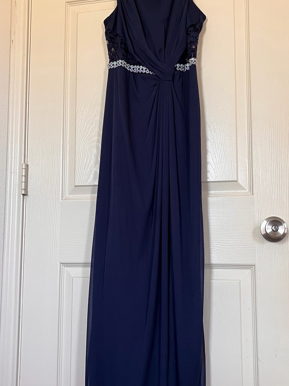 Navy Evening Gown with Beaded Waist